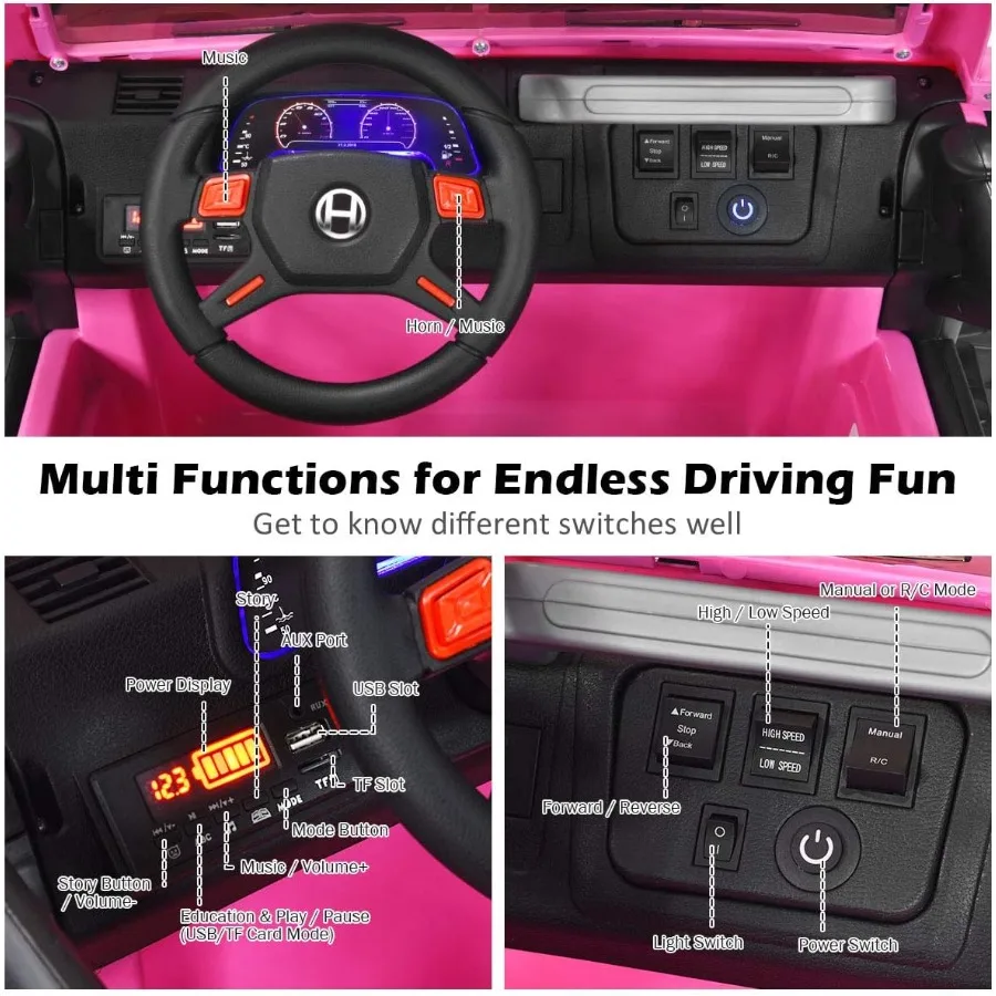 2-Sitzer-Fahrt auf LKW, 12 V, Geländewagen mit Fernbedienung, langsamer Start, Federung, LED-Leuchten, Musik, 3 Geschwindigkeiten, Teig