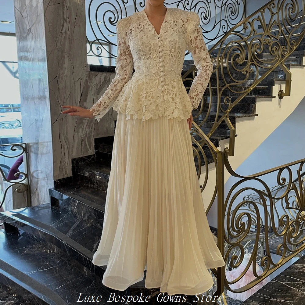 

Women's Formal Evening Gowns A-line Floor-length V-neck Full Sleeve Prom Dresses Fashion Lace Button Draped Customized Gowns