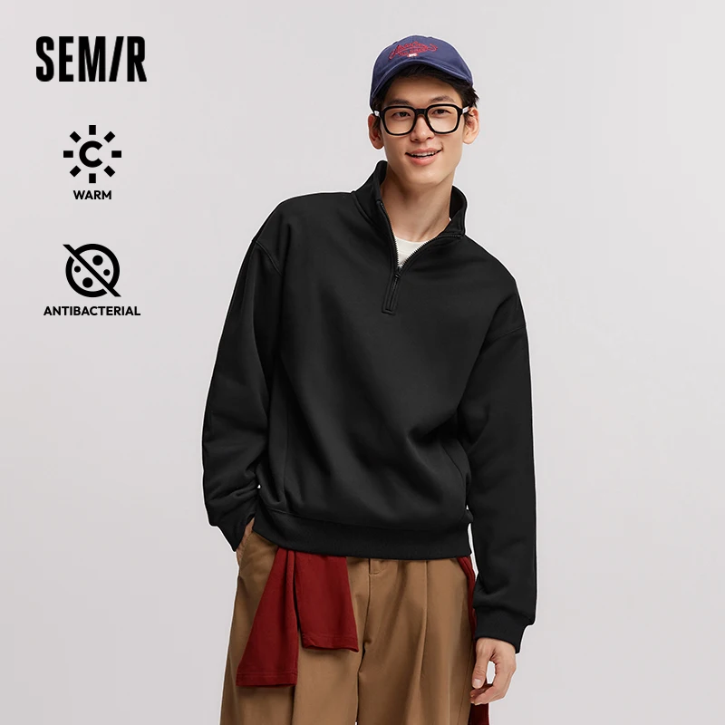 Semir Hoodie Men Fleece Lined 2024 Winter New Thermal Bacteriostatic Half-Buttoned Top Loose Solid Color Versatile Hoodie