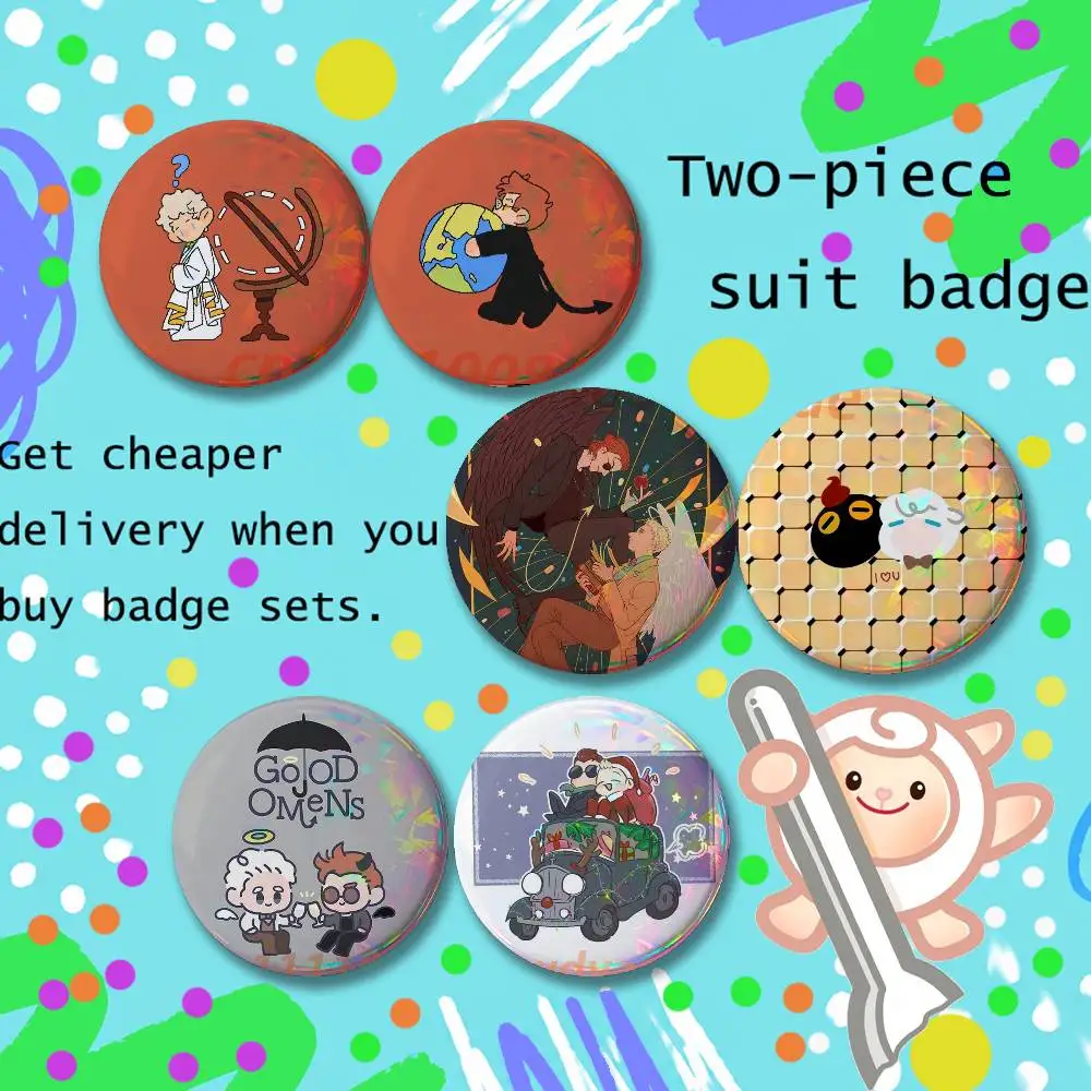 Brooches for Backpack good O-omens Accessories 25,32,44,58,75mm Round Enamel Pins 2-piece set Cartoon Anime Badge Trendy