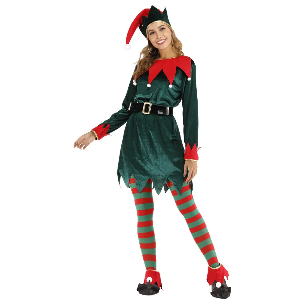 Elfo de Navidad Trajes de vestir para mujer Disfraz de cosplay Dary Green Navidad He Bar Conjuntos de ambiente de fiesta Vestidos de vacaciones de Navidad