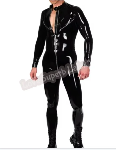 

Handmade Black Natural Latex Gummi Black Man's Catsuit With Breast And Front to Crotch Zip 0.4mm No Socks