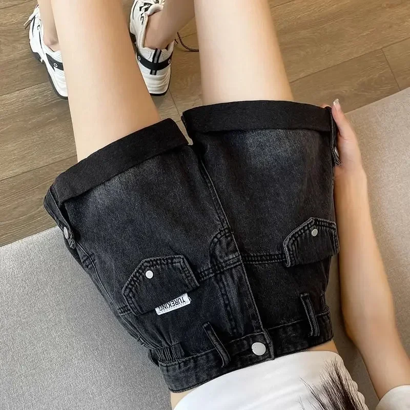 Shorts jeans versáteis femininos 2 calças de emagrecimento de cintura alta e pernas largas