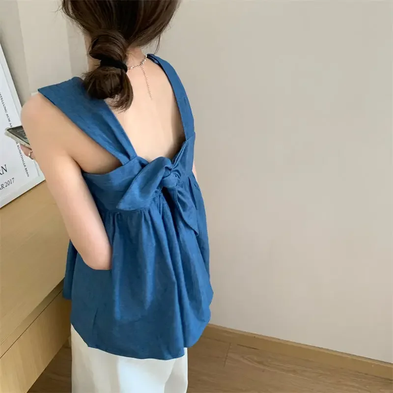 Tanks Tops Women Bandage Chic Bow All-match Solid Backless Sexy Hot Girls Streetwear Korean Style Young Popular Summer Tees Y2k