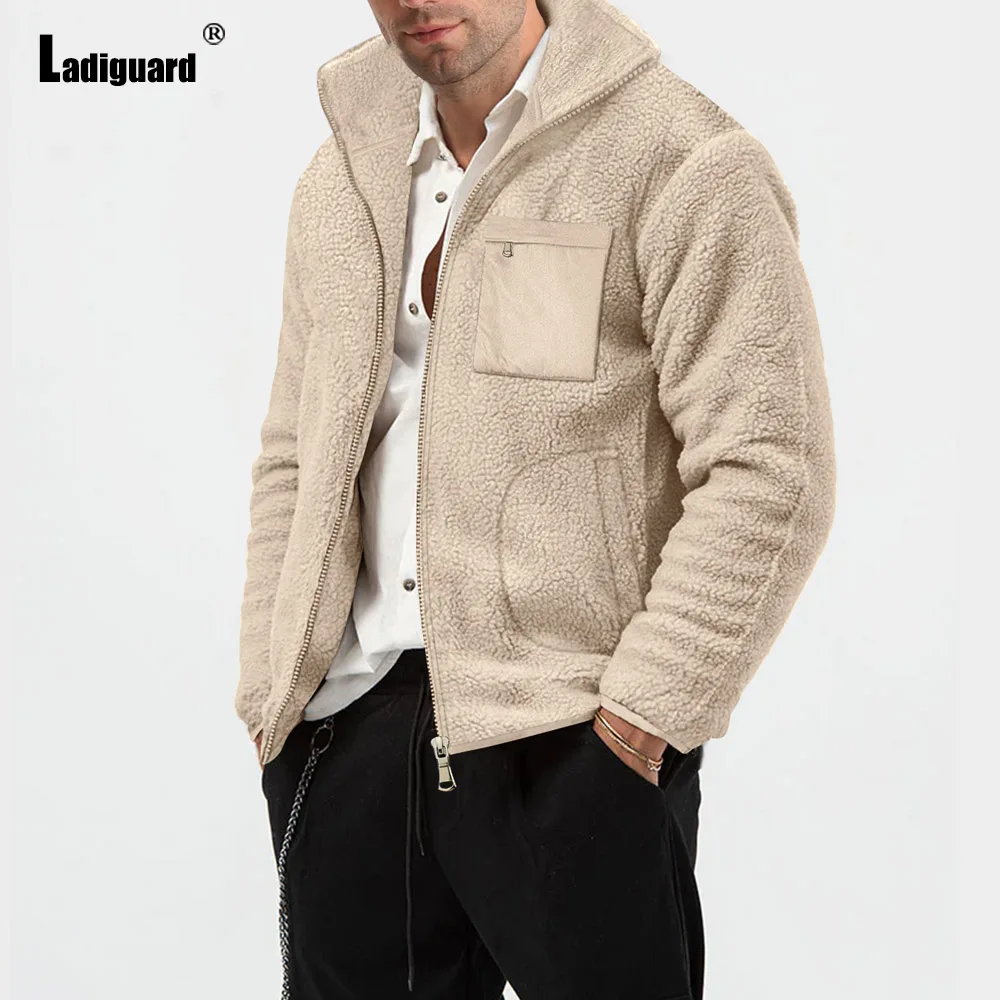 Men Vinatge Stand Pocket Jackets Lapel Collar Fashion Basic Jacket Khaki White Soft Plush Coats Winter Cashmere Outerwear New