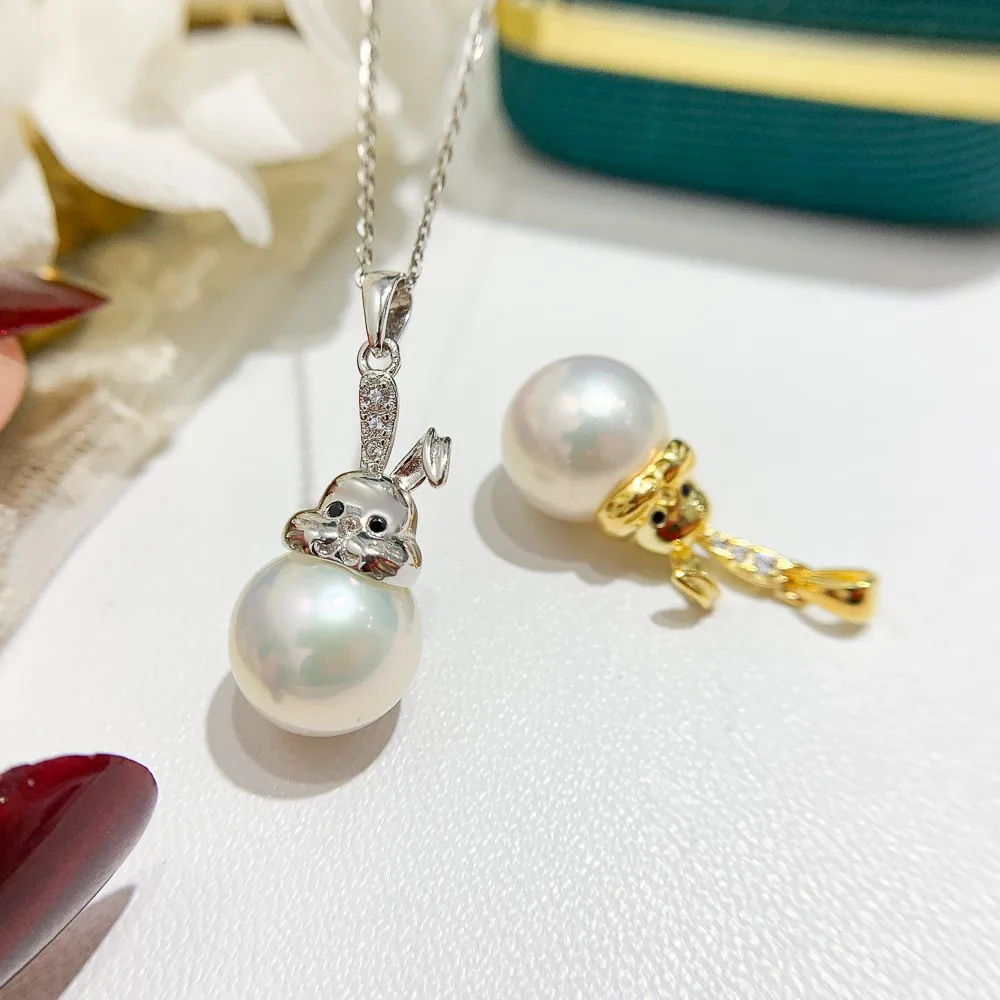 DIY Pearl Accessories S925 Sterling Silver Pendant with Empty Support Gold Silver Rabbit Necklace Pendant Fit 10-13mm Circle