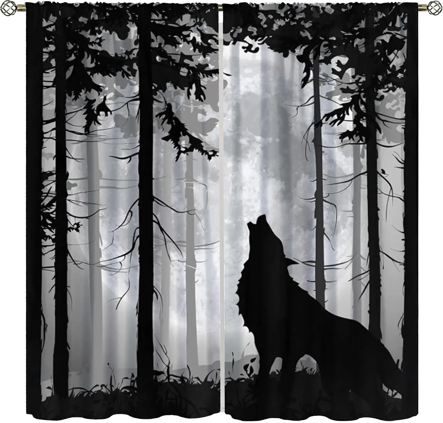 Black White Silhouette Wolf Rod Pocket Curtain Pine Forest Full Moon Misty Gray Night Tree Grass Print Window Drapes Bedroom