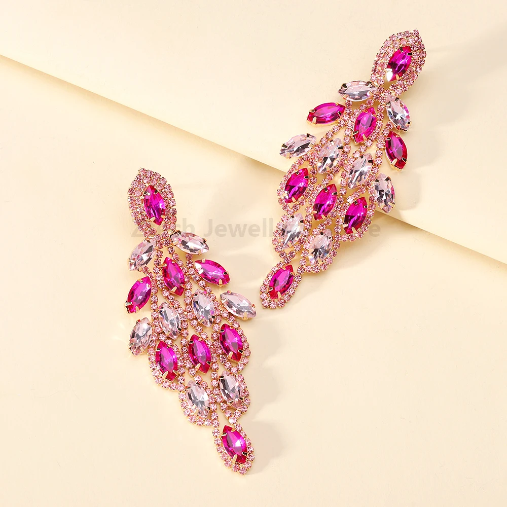 Fashion Elegant Leaves Shape Shiny Rhinestone Drop Earrings For Women Trendy Geometric Design Bride Wedding Party Luxury Jewelry