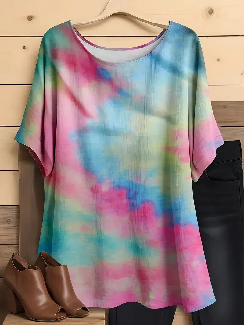 

Женская футболка с коротким рукавом и круглым вырезом размера плюс 1XL-5XL, женская повседневная футболка с коротким рукавом, топы