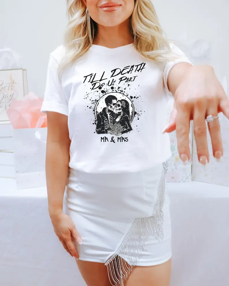 Till Death Do Us Part T-Shirt Unisex Short Sleeve Tee Wedding Couple Shirt  Party Bride Groom Skeleton Goth Edgy Alternative