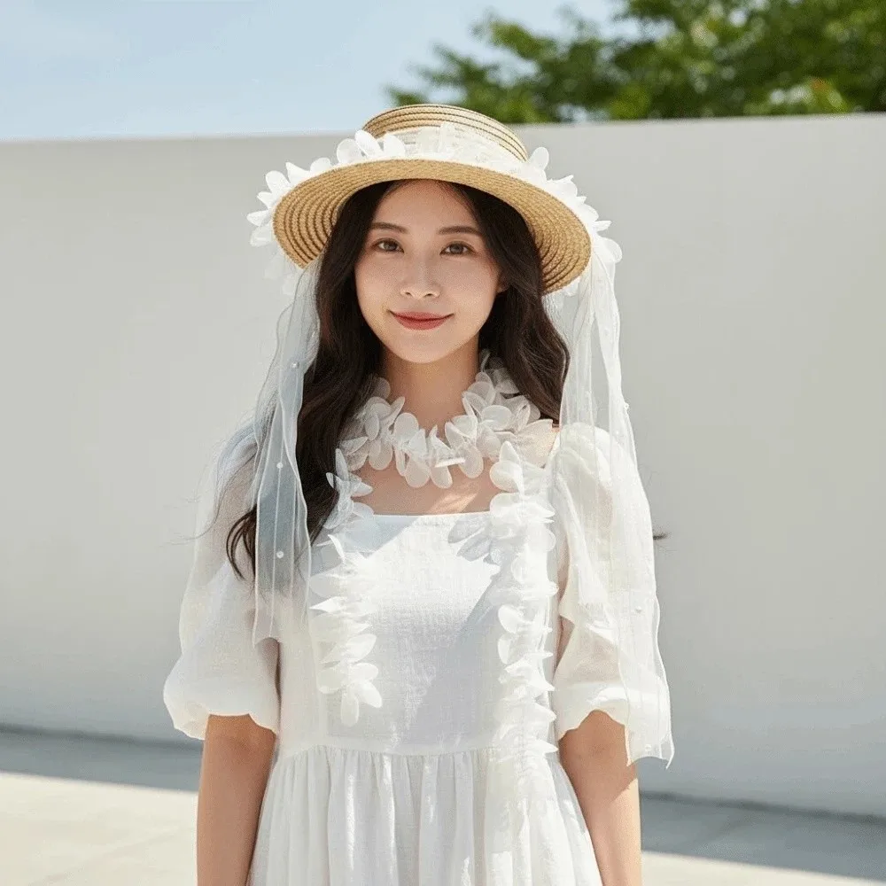 

Breathable Pearls Lace Long Scarf Lightweight Large Wave Flower Shape Neck Decoration Scarf Pastoral Style White