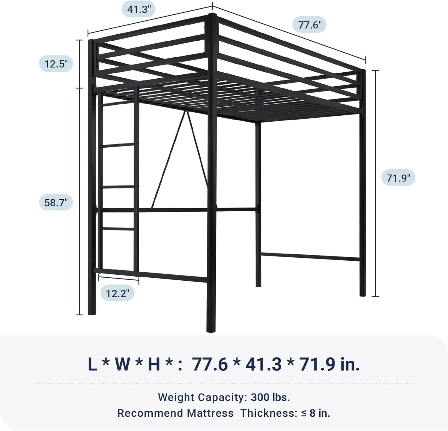 Twin Metal Loft Bed for Bedroom, Kid Room, Dorm, Black, Space Saving & No Box Spring Needed