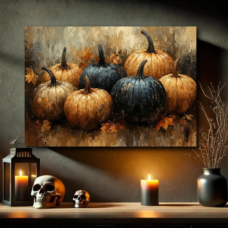 Spooky Halloween Cute Black Cat in Witch Hat Rustic Autumn Pumpkins Truck Poster Canvas Painting Wall Art Pictures Home Decor