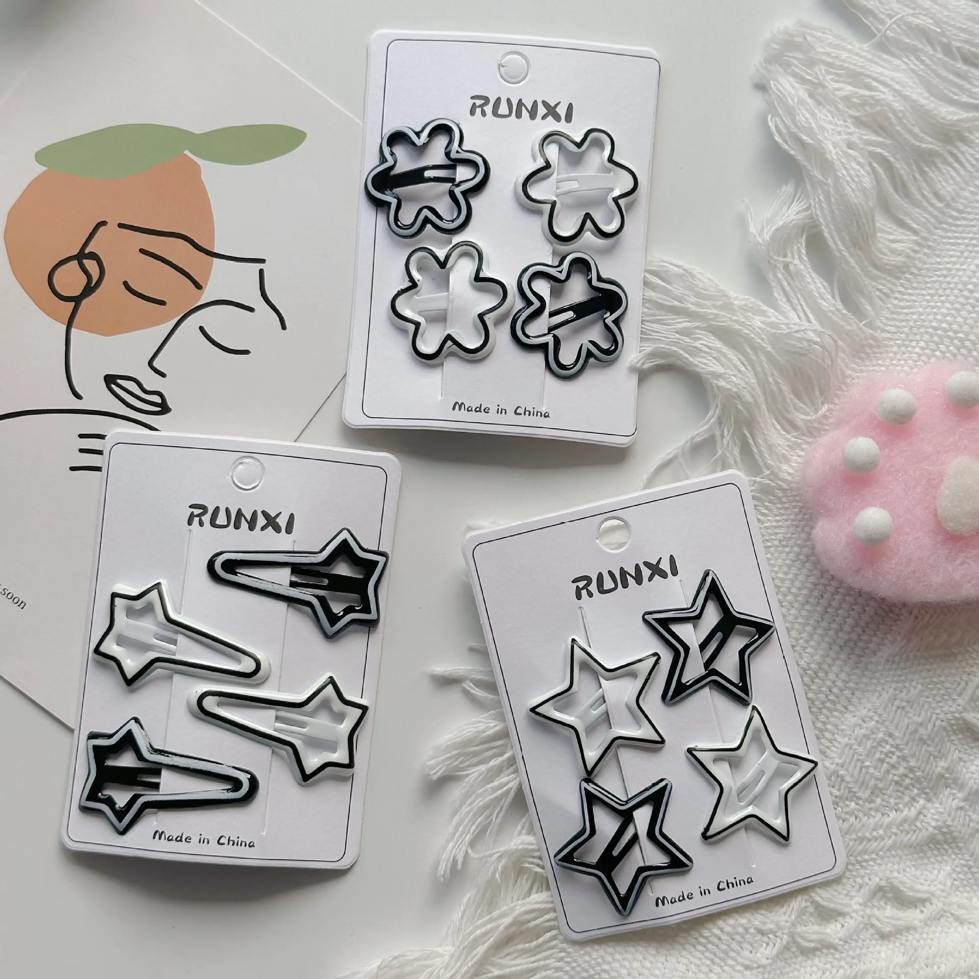 

New black and white star clips flower small hairpins girls personalized headgear wholesale
