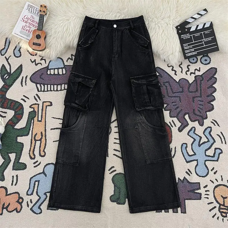 

American High Street Retro Workwear Jeans Men's Trendy Street Casual Multi Pocket Loose Wide Leg Black Long Pants