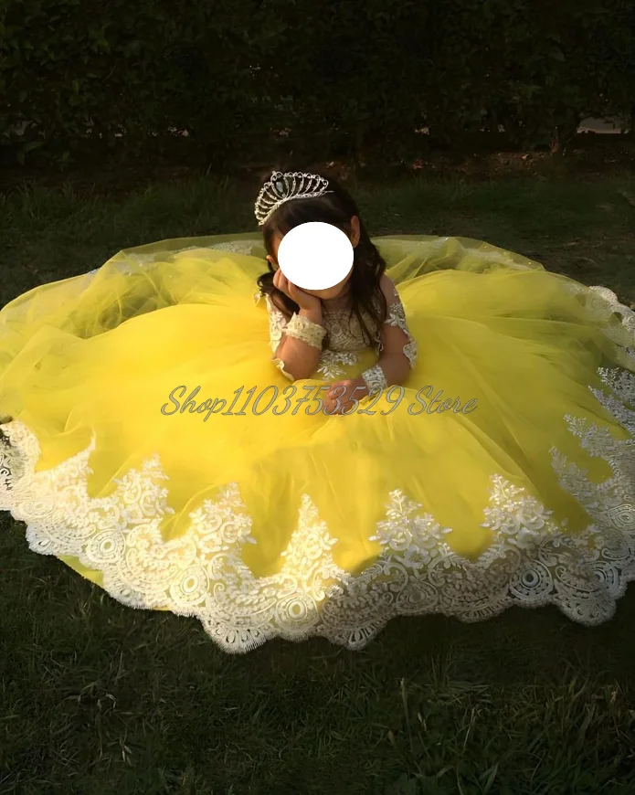 Luxury Yellow Flower Girl Dresses Elegant O Neck Long Sleeve Appliqued Gauze Tier Column Bow Mini Little Princess Party Dresses