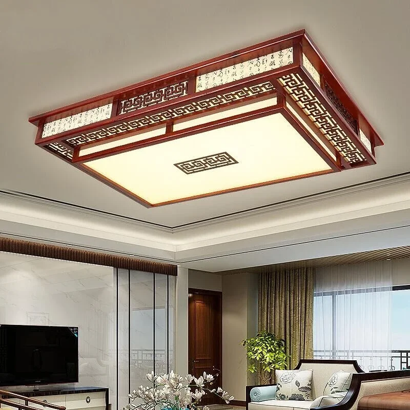 Chinese Style Wooden Ceiling Lights for Modern Living Room Rectangle Solid Wood Lamps Bedroom Kitchen Balcony Corridor Lighting