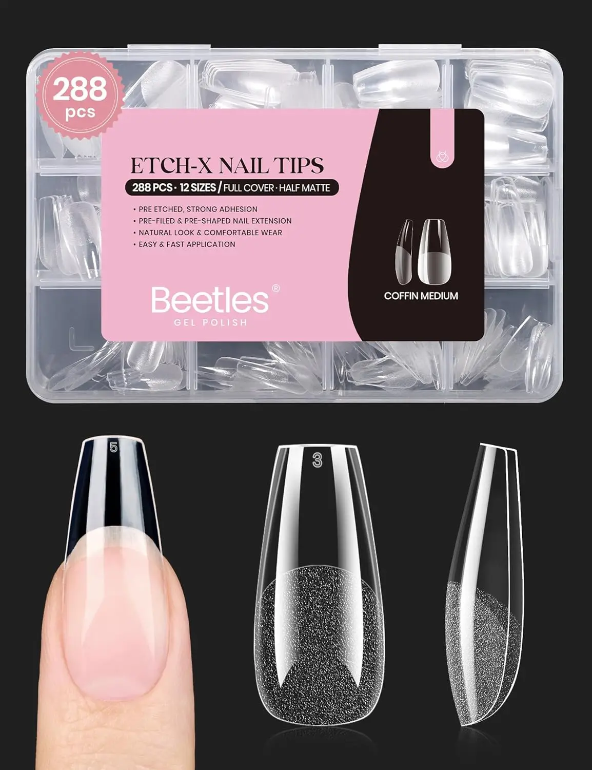 

Medium Coffin Nail Tips 288Pcs Pre Shaped Half Matte Full Cover Press On False Nails Acrylic Kit Easy DIY Salon Manicure Gift