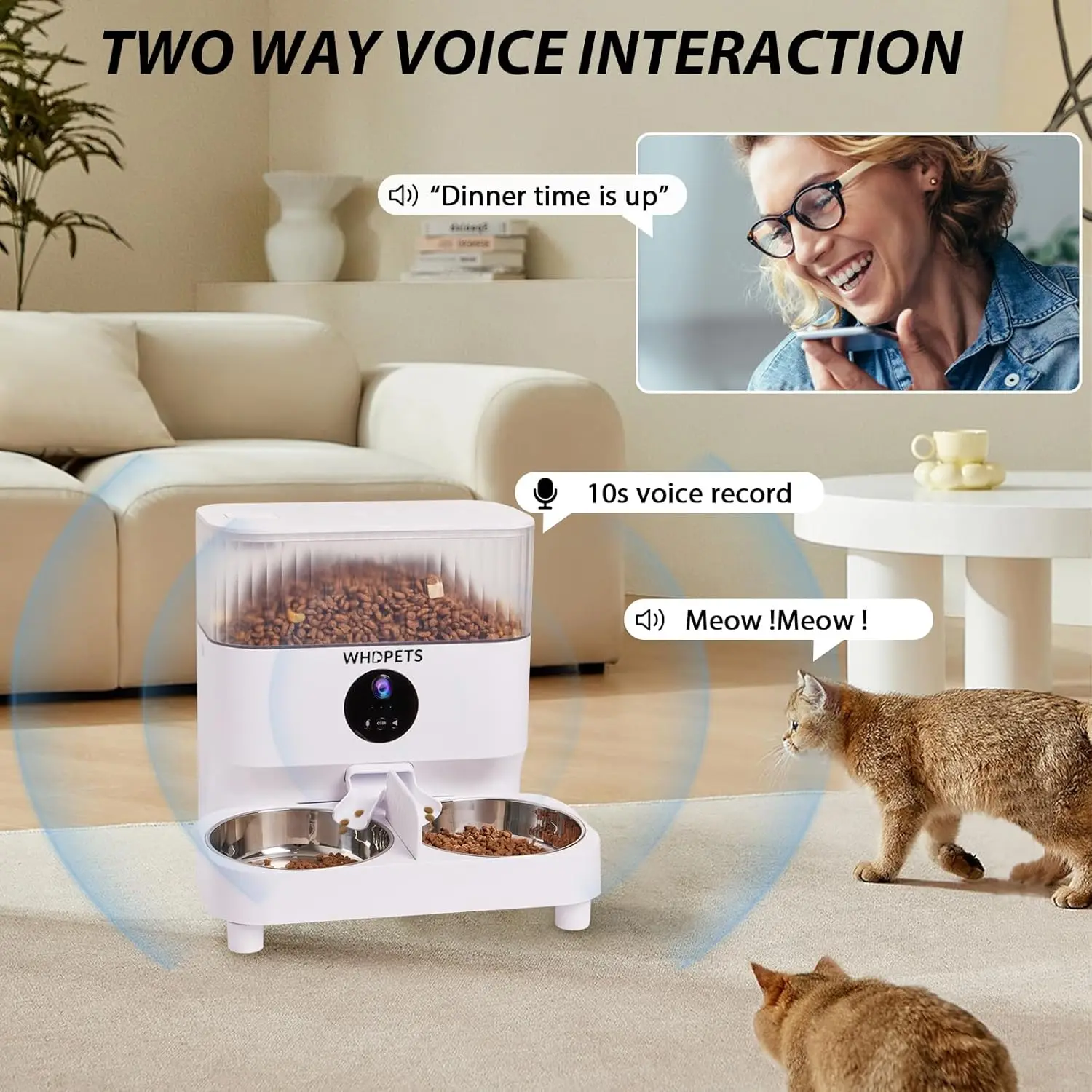 WHDPETS Automatic Cat Feeders 5G WiFi Cat Food Dispenser with 1080P Camera for Pets 5L Pet Feeder with Feeding Mat APP Control