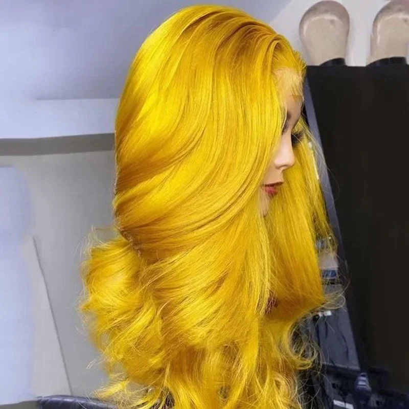 شعر مستعار ناعم أصفر مموج 26 بوصة بدون صمغ 180 كثافة طويل عميق باروكة أمامية من الدانتيل للنساء مع شعر أطفال مقطوف مسبقًا يوميًا