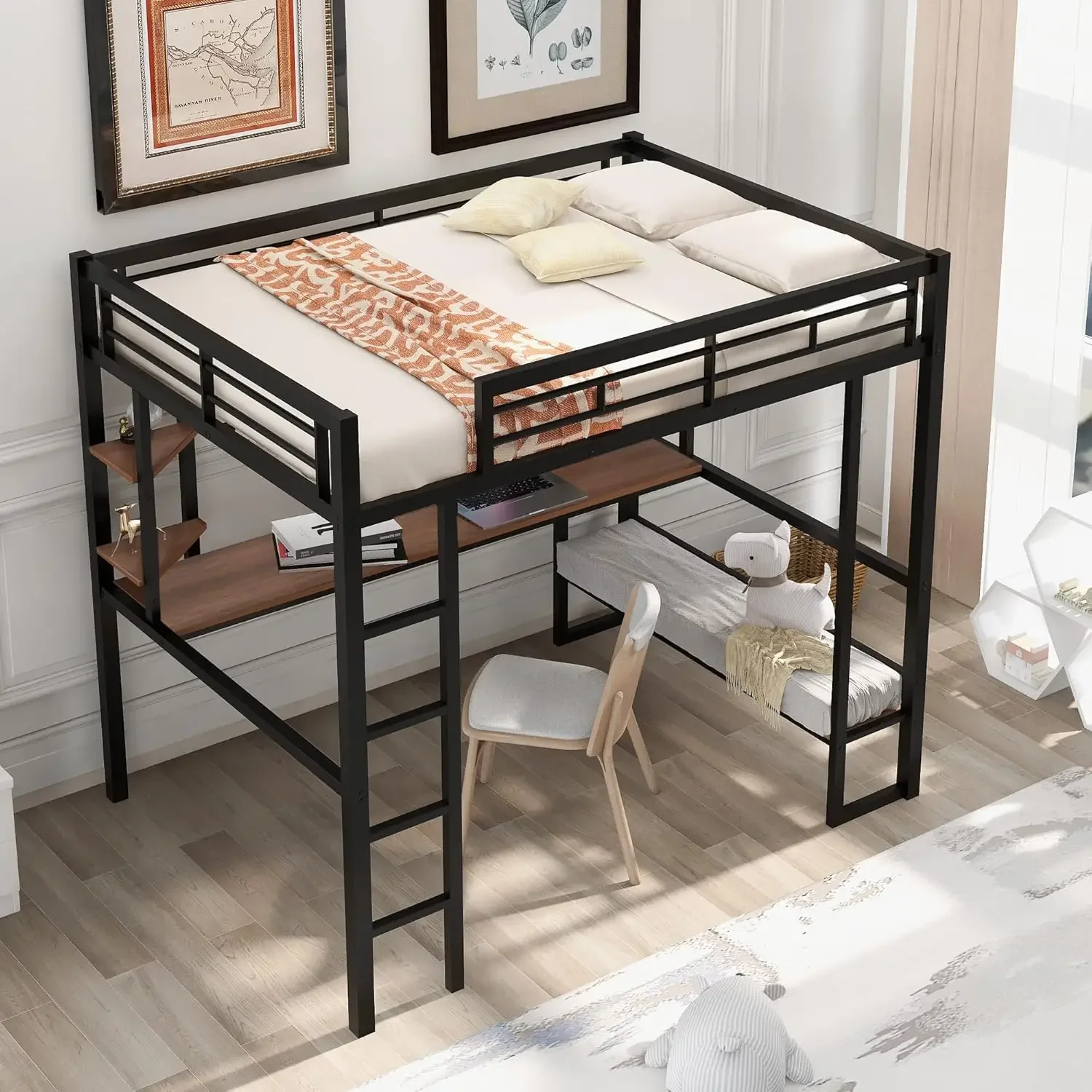 Full Size Loft Bed Metal Bedframe with Wood Long Underbed Desk and Dispaly Shelves Low Shelf Suitable for Bedroom Dormitory Chil