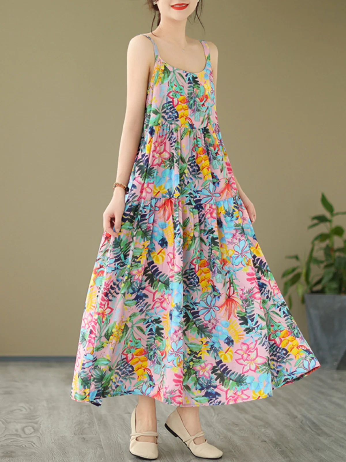 Luźna spódnica damska w kształcie litery A z bawełny i lnu, długa, z nadrukiem, z cienkiego materiału, idealna na lato, do pracy, bez szwów, z kwiatowym wzorem.