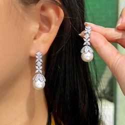 ThreeGraces New Fashion Shiny Zircon Simulated Pearl Long Leaf Flower Drop Earrings for Women Bridal Wedding Party Jewelry E1910