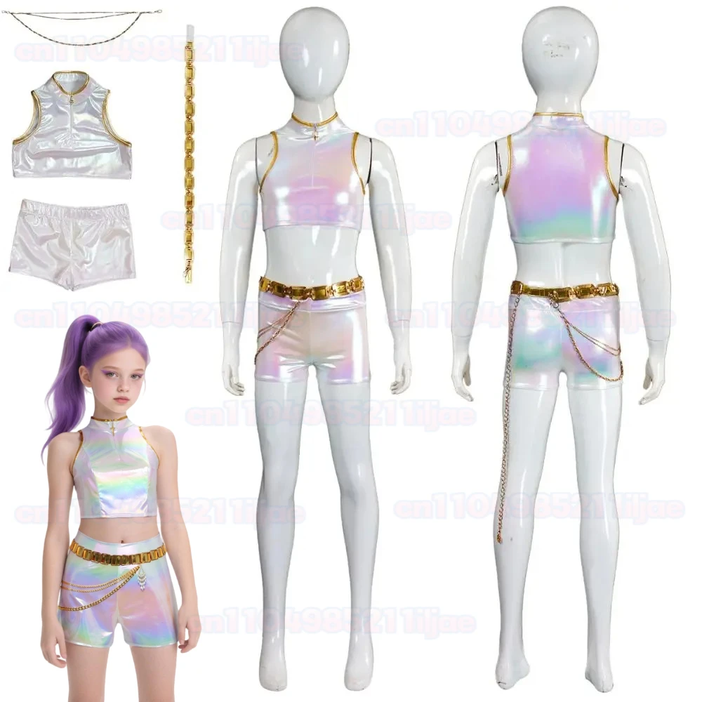 

Kids Girls Kpop Rumi Demon Hunters Cosplay Fantasy Costume for Children Top Shorts Roleplay Outfits Halloween Carnival Suit