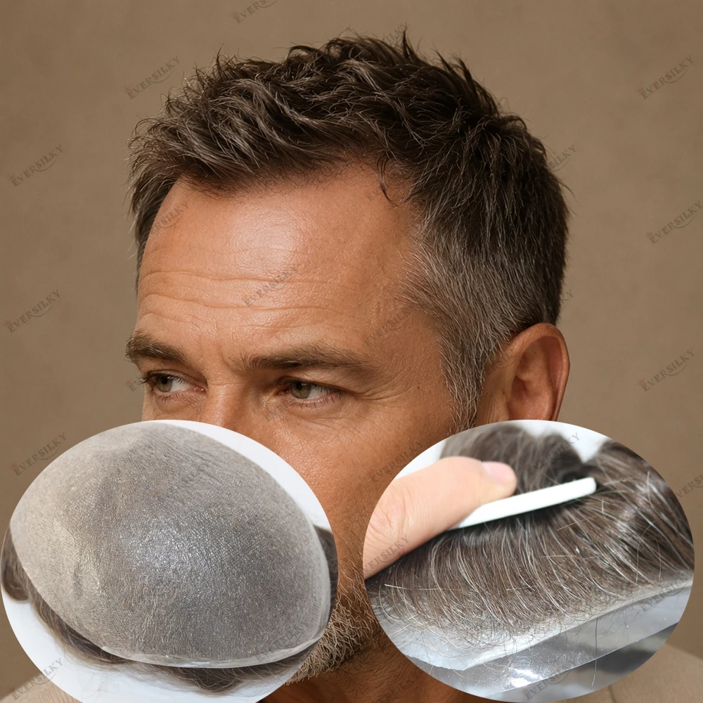 Super Light 90%Density Thin Skin 0.02mm Men's Haman Hair Toupee System Brown Grey Hair Mixed 410# 520# Hair Replacement for Bald