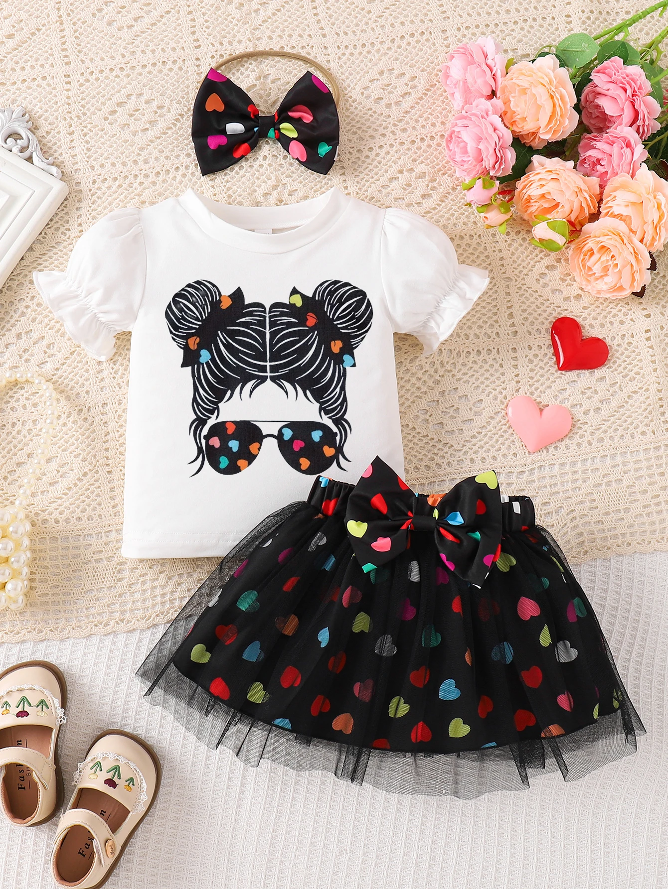0-3yrs old infant baby Girl heart love glassed bun hair girl t-shirt tutu skirt clothes sets casual valentine's outfits for gir