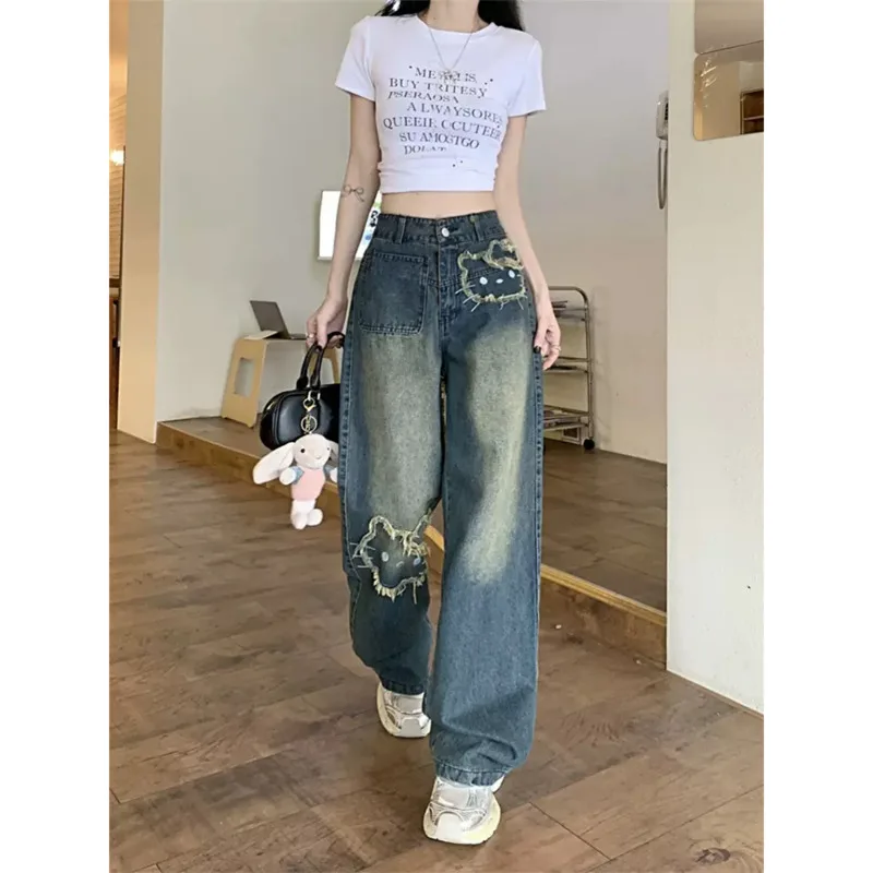 Vintage Hello Kitty Wide Leg Jean Y2k Embroidered High Waist Denim Pant High Street Button Straight Jean Baggy Trouser For Women