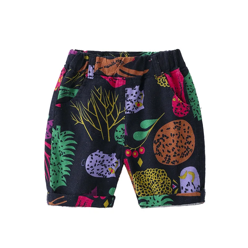 Summer Cool Mid-Waist Abstract Print Shorts Boys' Elastic Waist Cartoon Fun Capri Pants, Kids Knee-length Trousers Ages 3-8