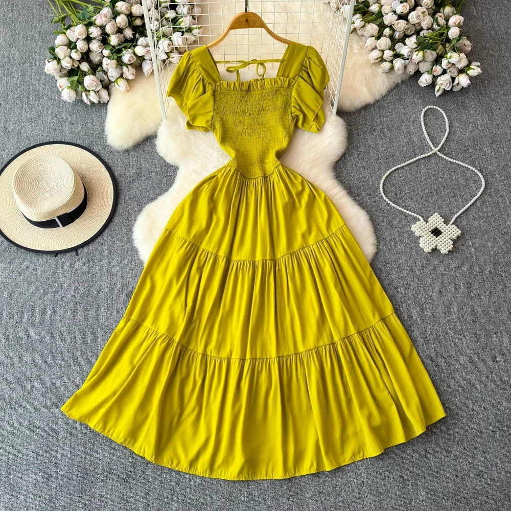 Robe plissée Vintage pour femmes, élégante, col carré, manches courtes, taille haute, drapée, nouvelle mode, été 2024