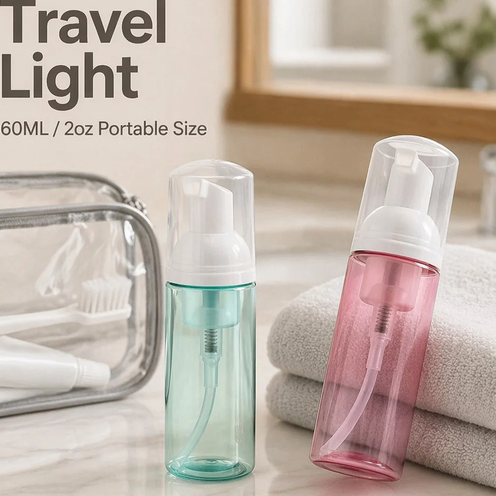 60ml Transparent Press-Type Foam Dispensing Bottle, Manual Mousse Foaming Bottle, Empty Bottle for Foaming Facial Cleanser, Hand Soap, and Cleansing Milk, Portable Travel Dispensing Container, Household Makeup Remover and Bath Foam Bottle, Multi-Color Large-Capacity Dispensing Bottle