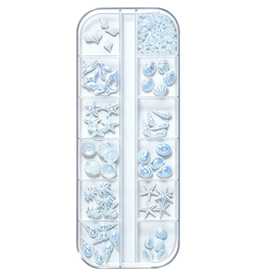 12-teiliges Nagelcharms-Set mit Ozean-Motiv, Aurora-Irisierend, 3D-Muschel-, Seestern- und Meerjungfrauen-Perlen, Nageldekorationen für die Maniküre – Detail 9