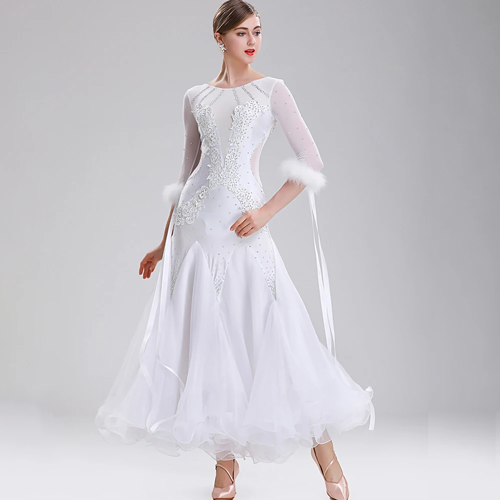 

Modern Dress Red Ballroom Dance Dress Standard Middle Sleeve Waltz Elegant Contemporary Dance Costume Upscale Rhinestone Decal