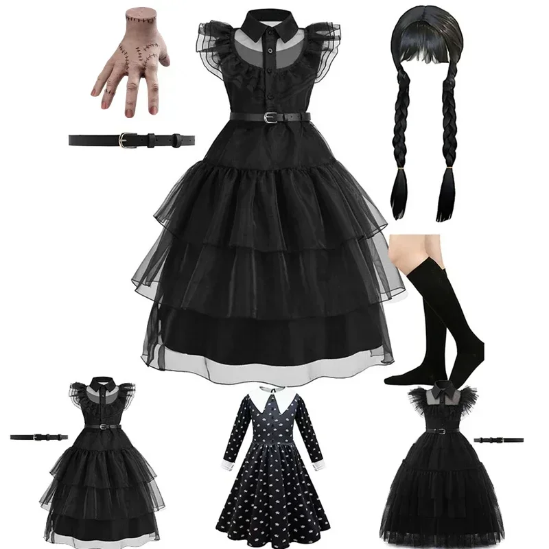 New Girls Wednesday Dress Children Addam Halloween Black Family Clothes Kids Dancing Cosplay Costume Princess Christmas Fantasy