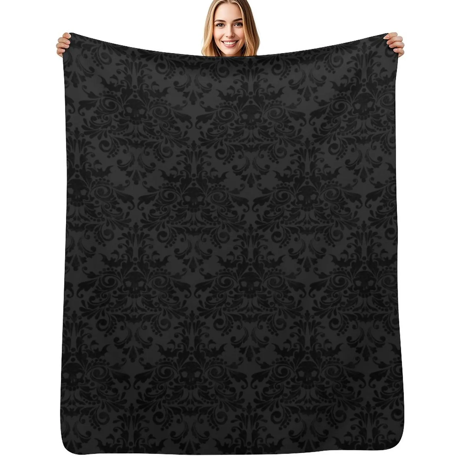 Skull Damask Pattern - Grey Throw Blanket Soft Plush Blanket as Housewarming Gift