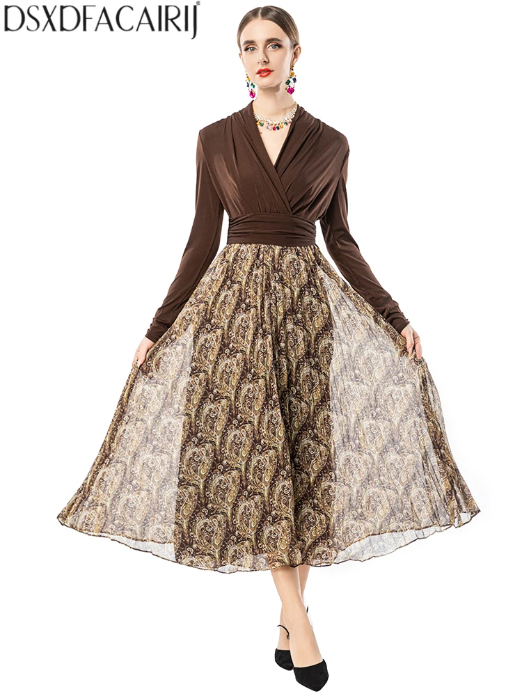 DSXDFACAIRIJ Vintage Print Plissee Kleid frauen V-ausschnitt Langarm Mode Herbst Weibliche Gefaltete Detail
