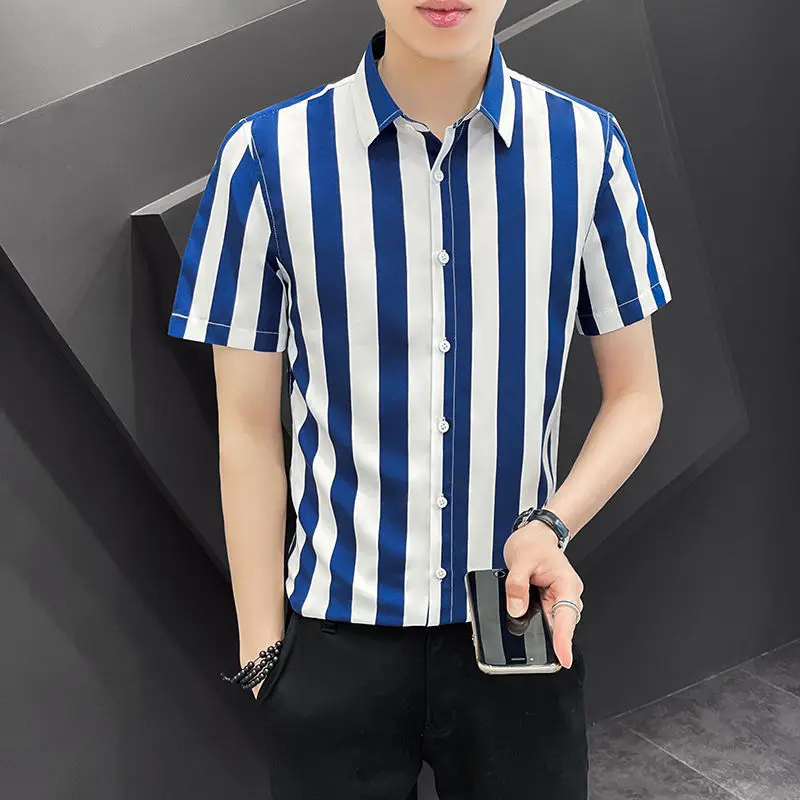 

Striped Printing Tops Straight Turn-down Collar Man Blouse Summer Thin Business Casual Men's Clothing Short Sleeve New Shirts