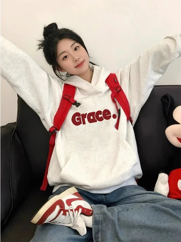 

plus Size Hoodie Women's Thickened Oversize Korean Style Fleece Lined Autumn Winter Sweatshirt Student Casual Print Design