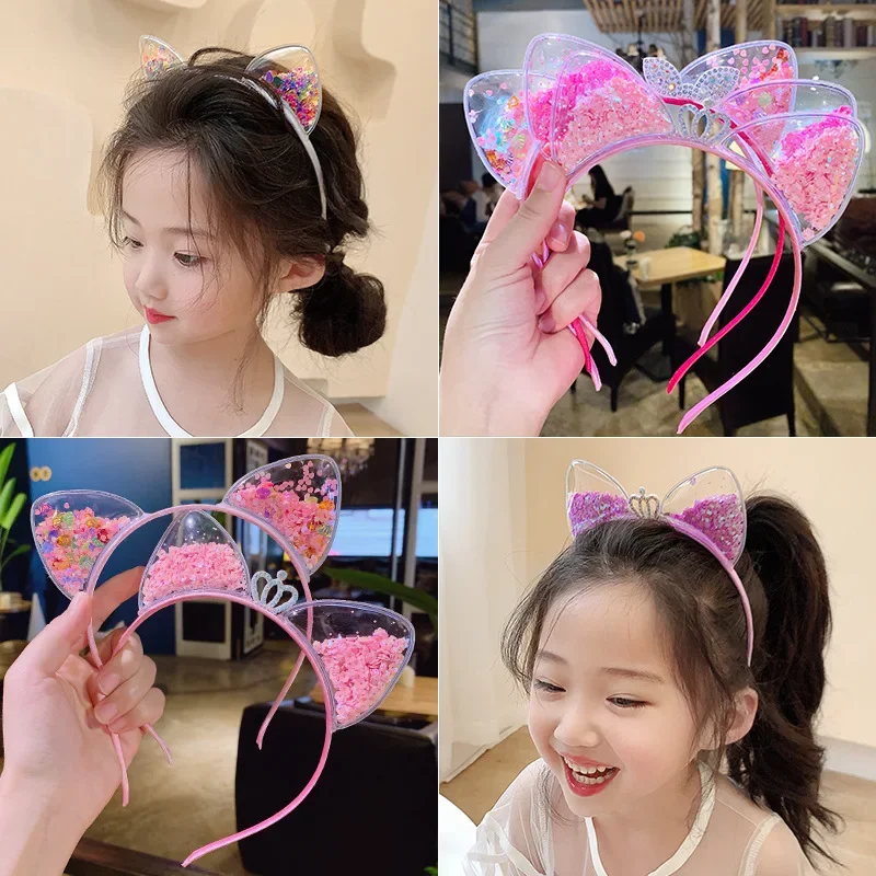 Transparent Quicksand Hair Band for Kids Girls Glitter Sequin Cartoon Ear Headbands Hair Hoops Headwear Hair Accessories