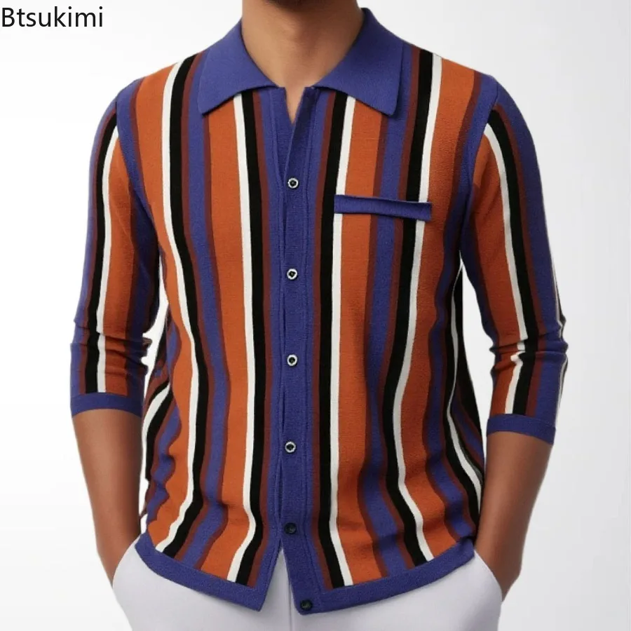 

New 2026 Men's Long Sleeve Polo Shirts Spring Men Thin Knitted Cardigan Fashion Striped Business Casual Knit Tops Sweaters Male