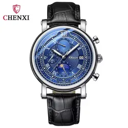 CHENXI 976 Men Quartz Watch Leather Chronograph Date Clock Phase Moon Timing Business Luminous Wristwatch for Male