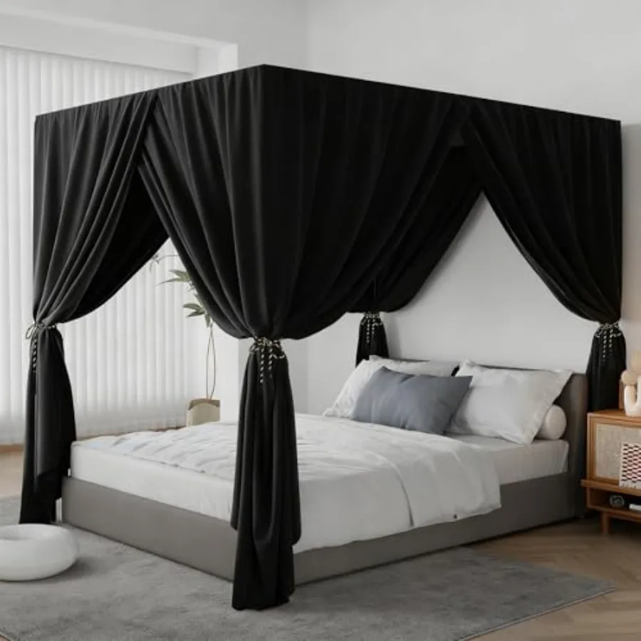 

Black Canopy Bed Curtains - 4 Corner Post Bed Curtains Lightproof Siamesed Drapes Bed Canopy for Adults and Girls Bedroom Decor
