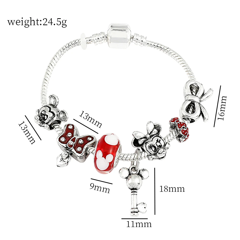 Mickey Minnie Charm Bracelets Silver Color Heart Cartoon Bead Jewelry for Women Girl Gift