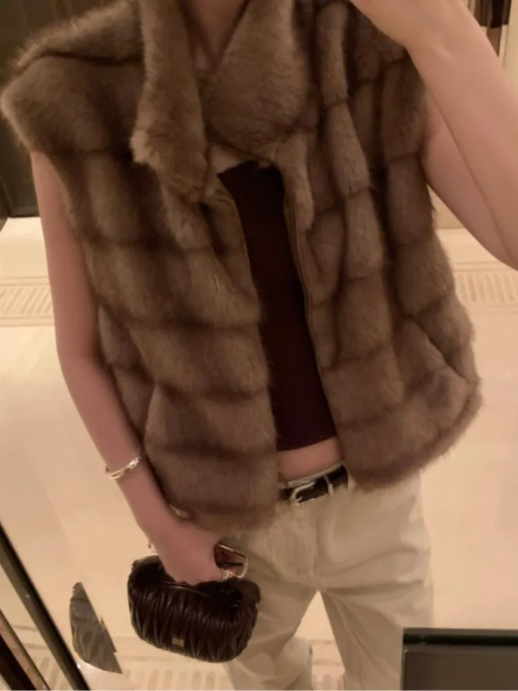 레트로 슬레 인조 모피 조끼 여성용 슬림 아우터웨어 슬림 트렌디 겨울 패션 다용도 캐주얼 편안한 탑