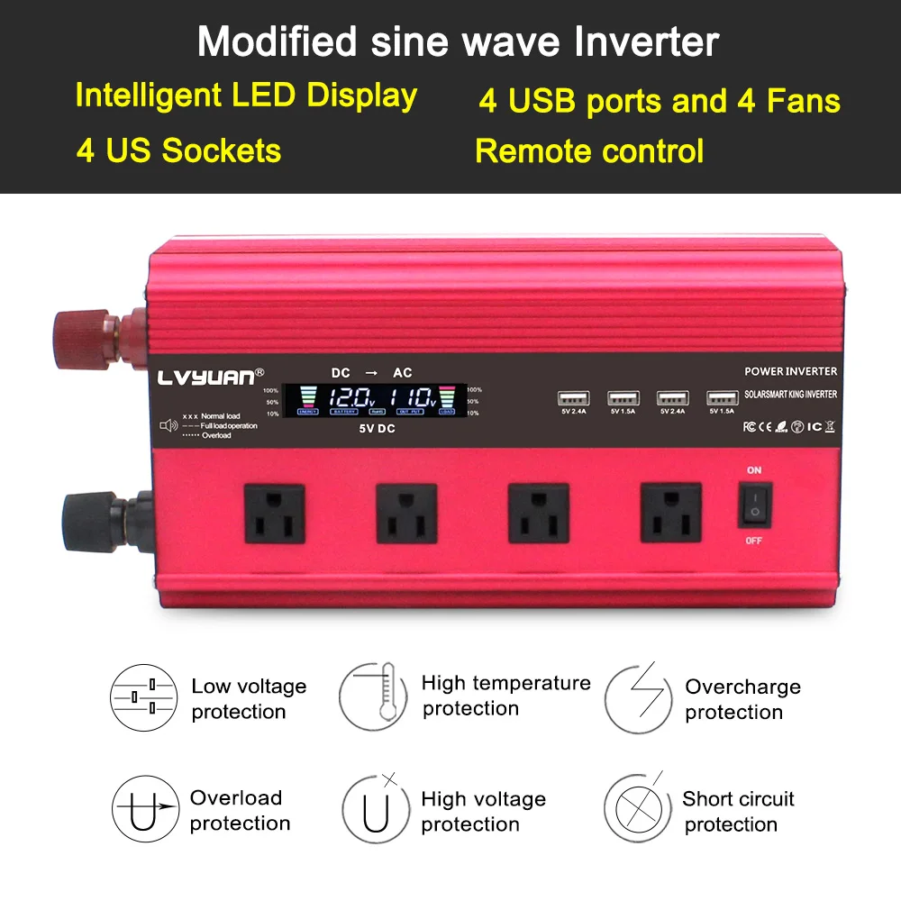 12000W Power Inverter DC 12V a AC 110V/230V Display LCD convertitore di energia solare telecomando con 4 USB EU/US/presa universale