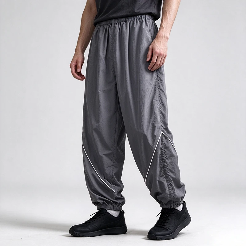 Leichte, schnell trocknende, lockere Nylon-Trainingshose für Herren, Jogginghose mit Kontrastbündchen und elastischem Bund, winddichte Sport- und Freizeithose im Streetwear-Stil. – Detail 11
