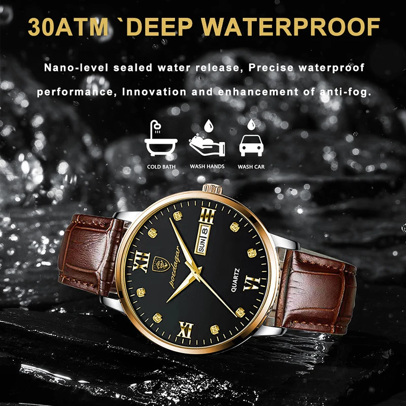 POEDAGAR Genuine Leather Strap Mens Watches Top Brand Luxury Waterproof Gold Quartz Watch Men Luminous Gifts Clock Calendar Week